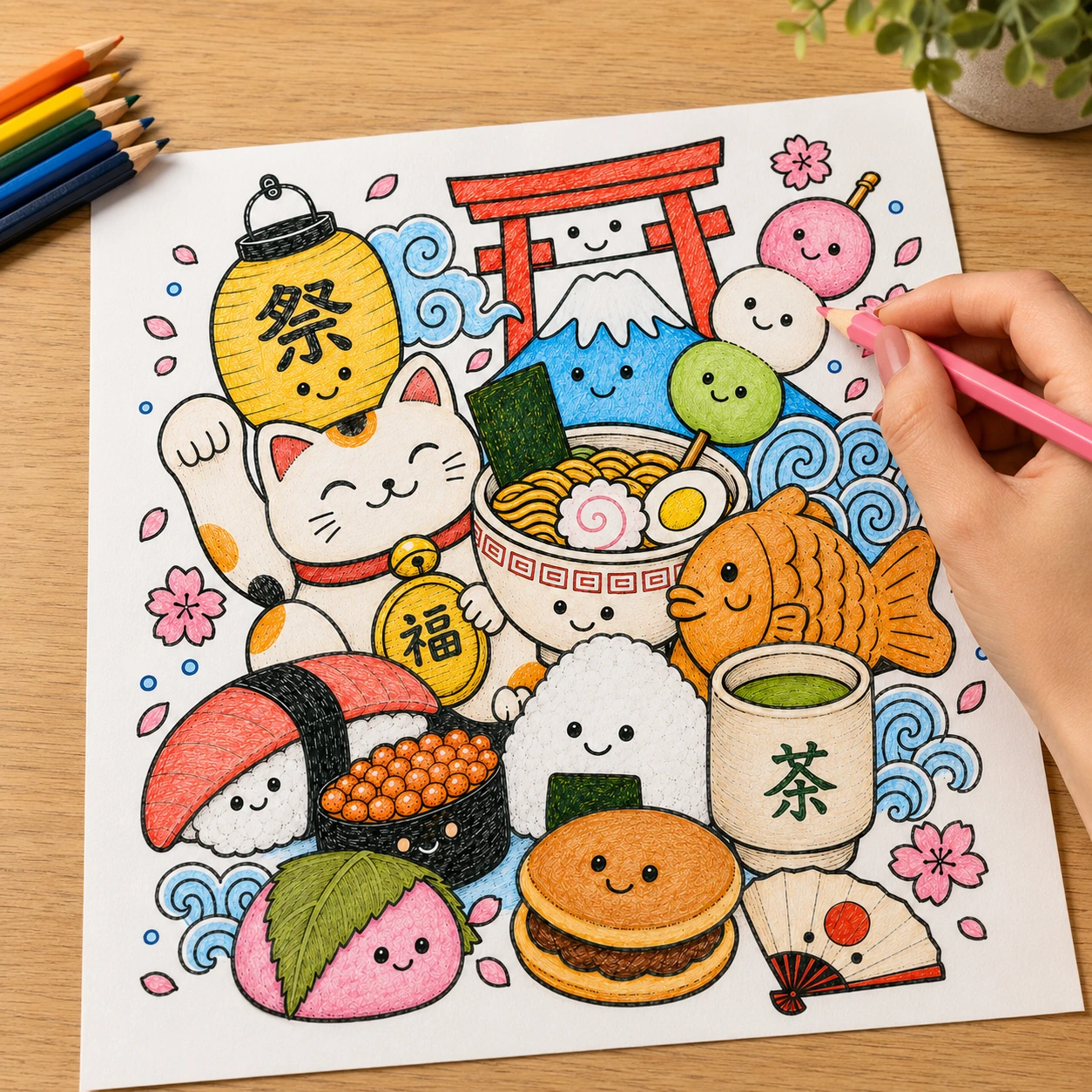 A colorful Japanese kawaii doodle scene